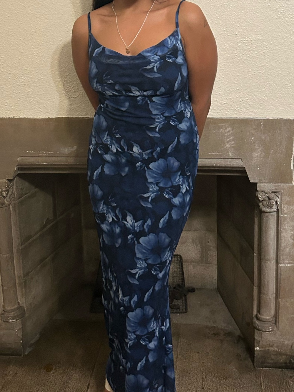Allegra K Navy Blue Floral Cowl Slip Maxi Dress